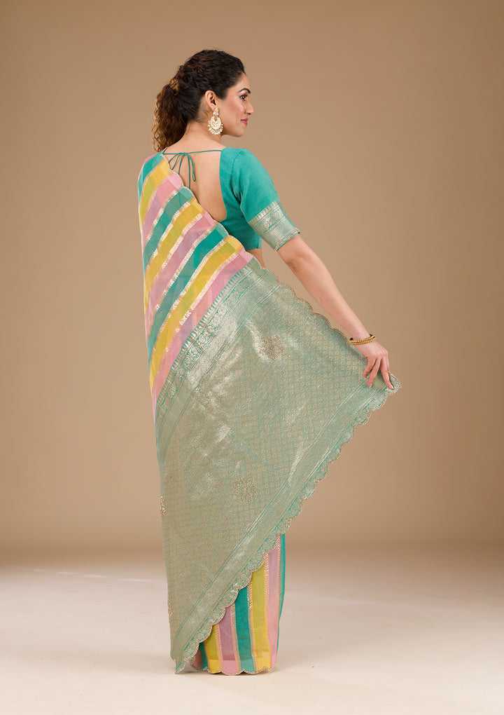 Sea Green Zariwork Tissue Saree-Koskii