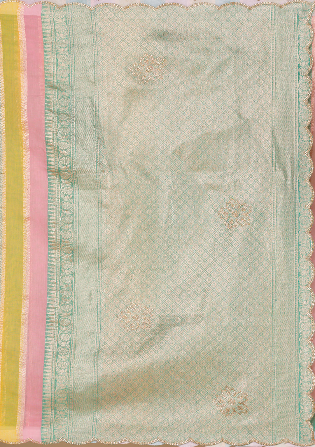 Sea Green Zariwork Tissue Saree-Koskii