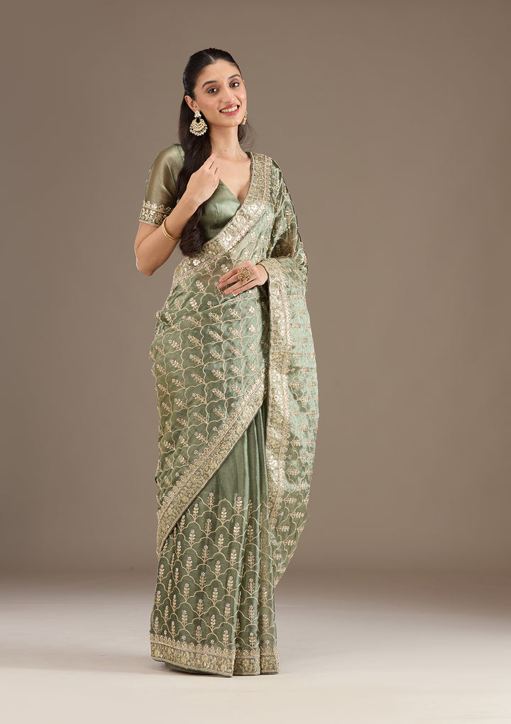 Sea Green Zariwork Tissue Saree