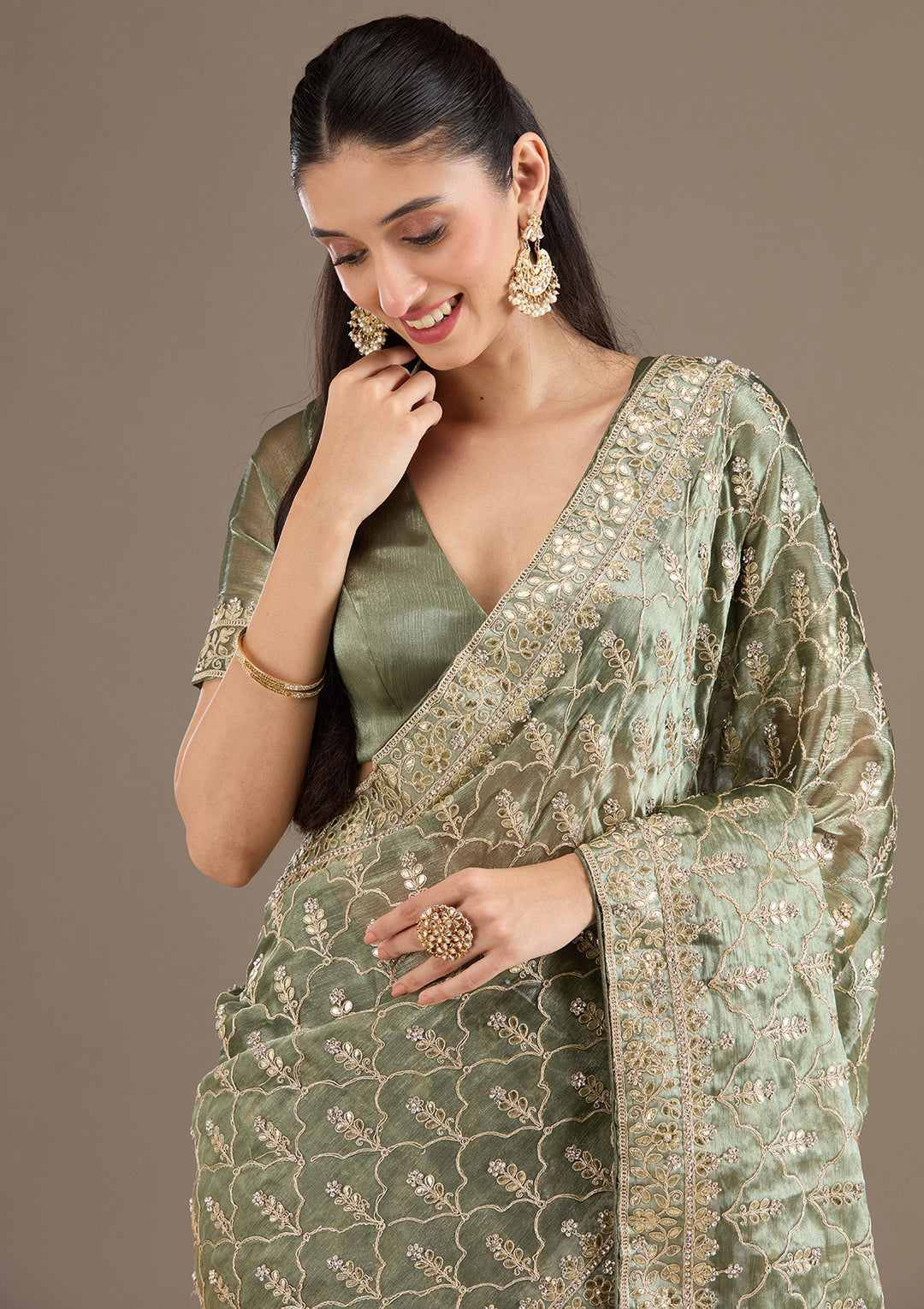 Sea Green Zariwork Tissue Saree