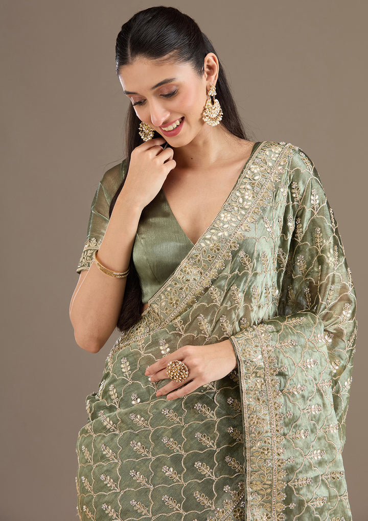 Sea Green Zariwork Tissue Saree
