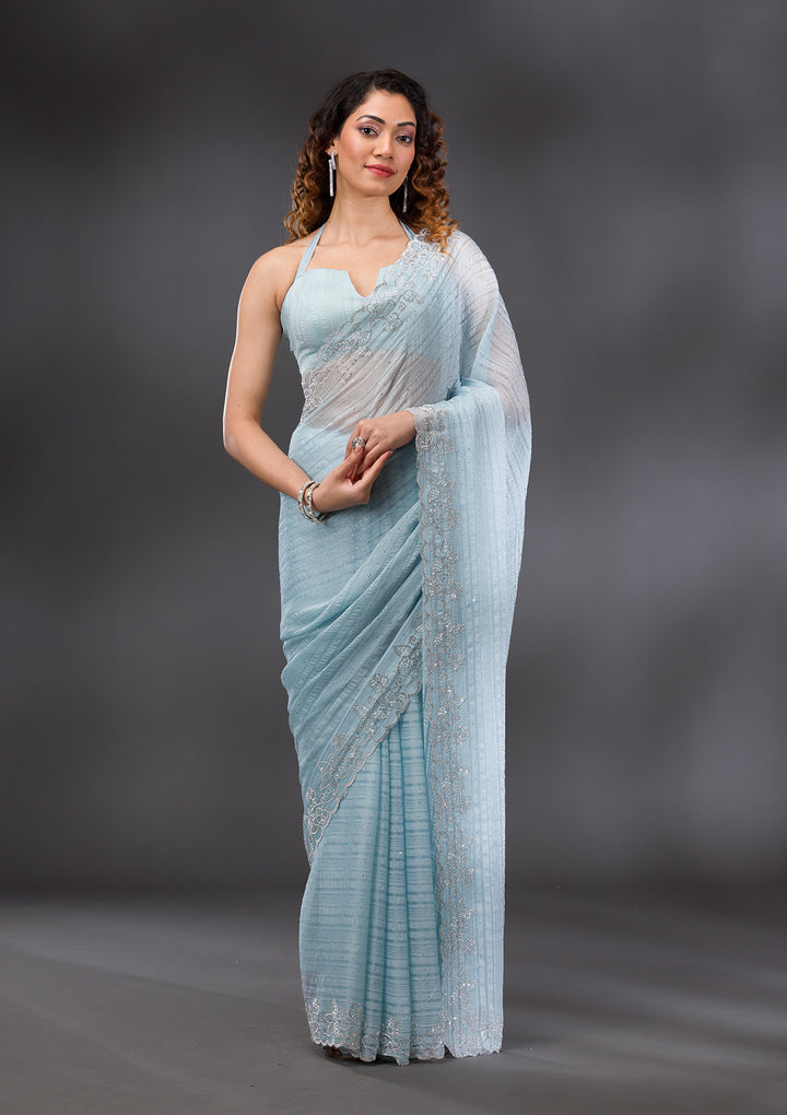 Sky Blue Stonework Chiffon Saree