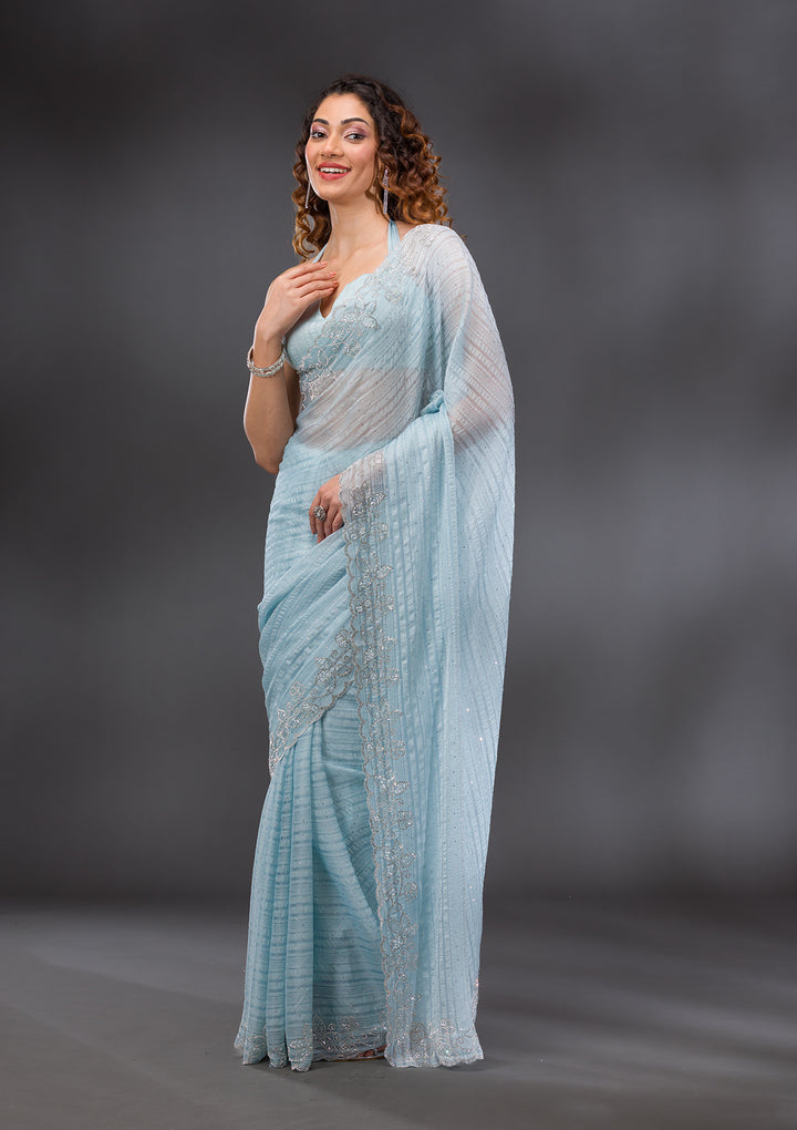 Sky Blue Stonework Chiffon Saree
