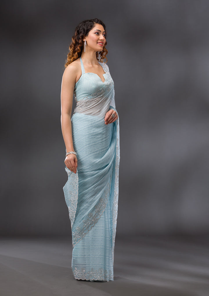 Sky Blue Stonework Chiffon Saree