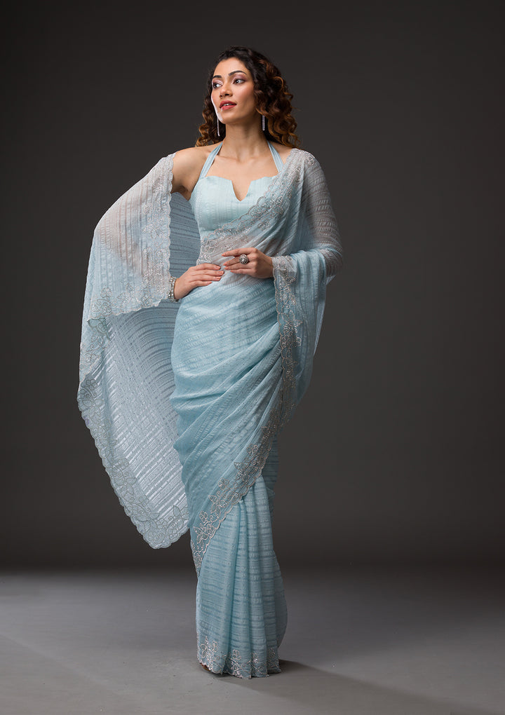 Sky Blue Stonework Chiffon Saree