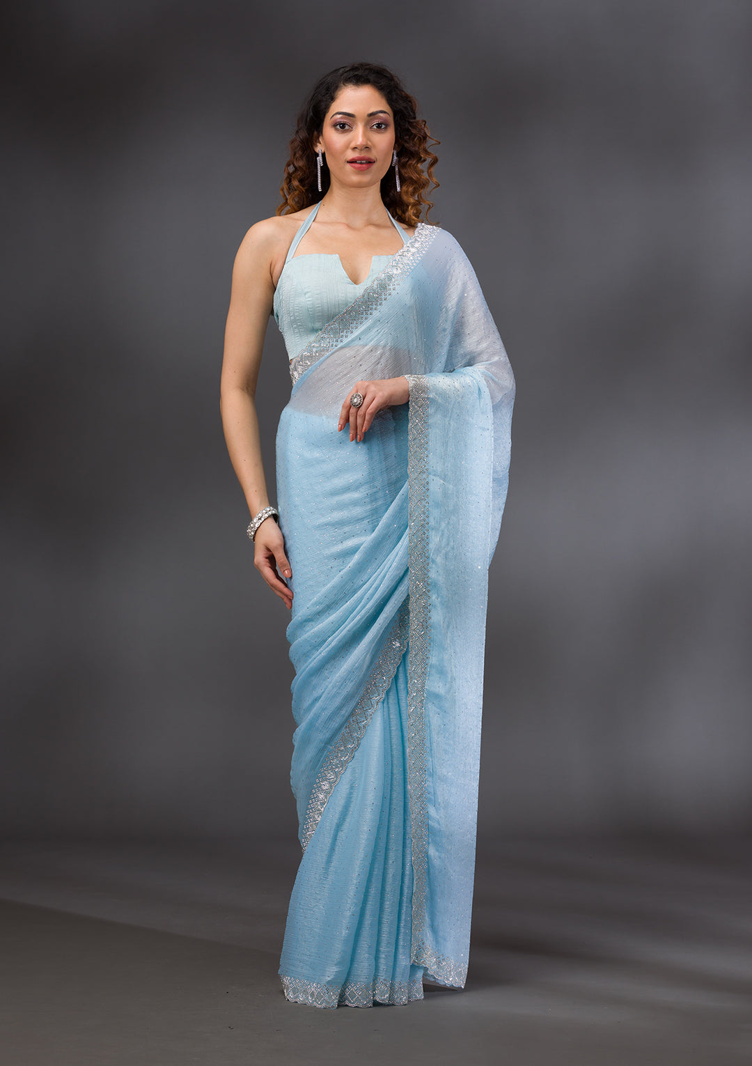 Sky Blue Stonework Chiffon Saree