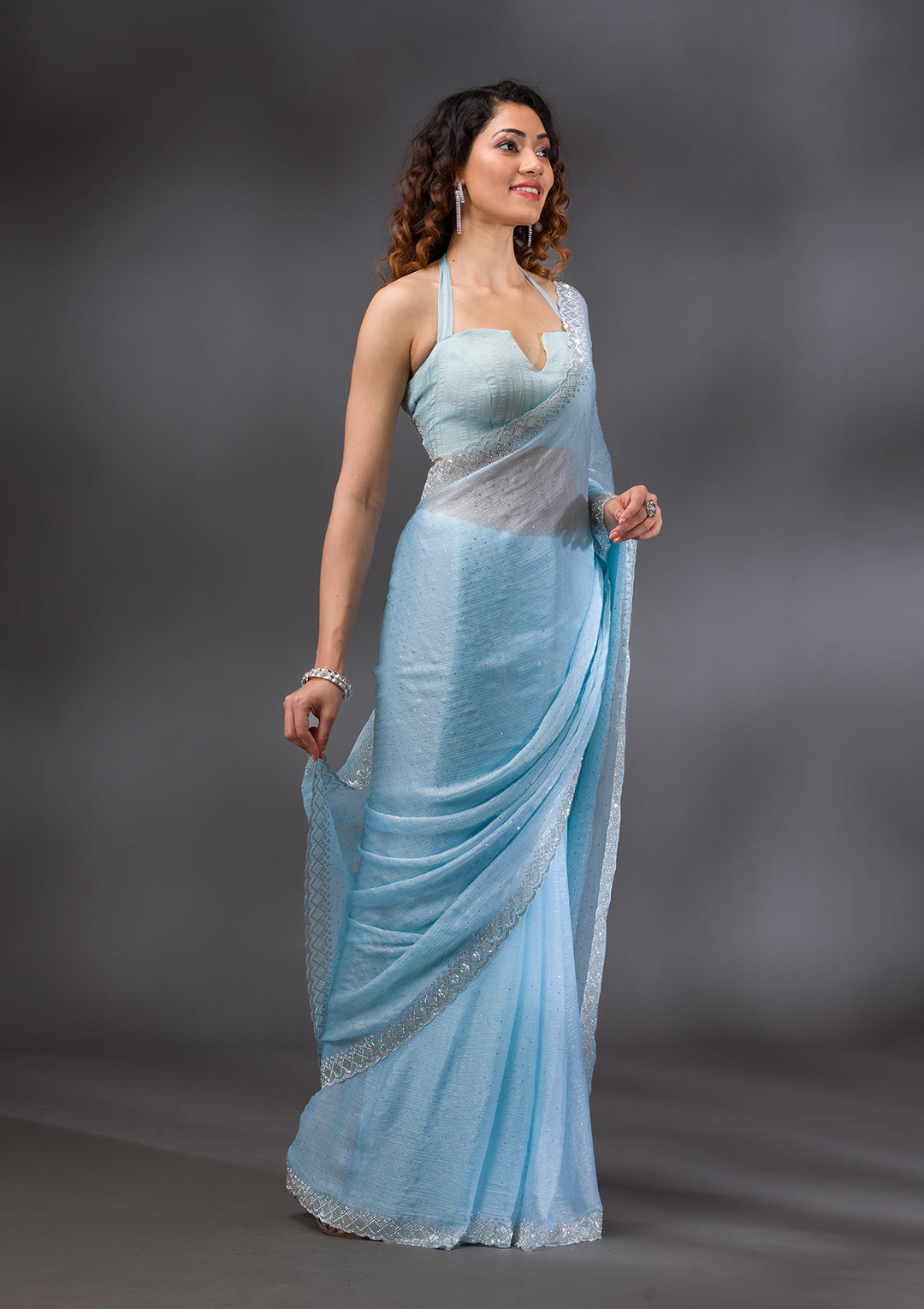 Sky Blue Stonework Chiffon Saree