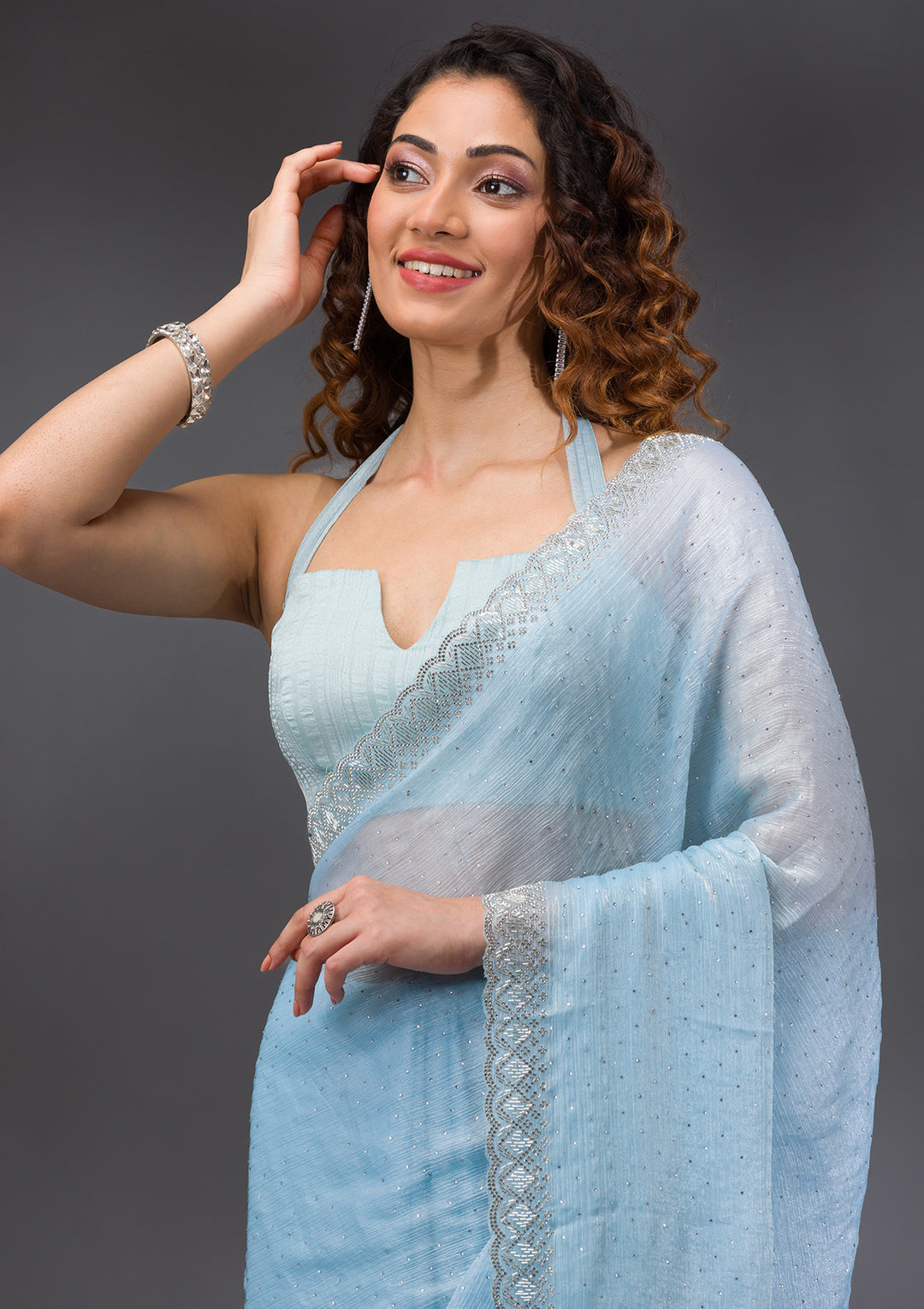 Sky Blue Stonework Chiffon Saree