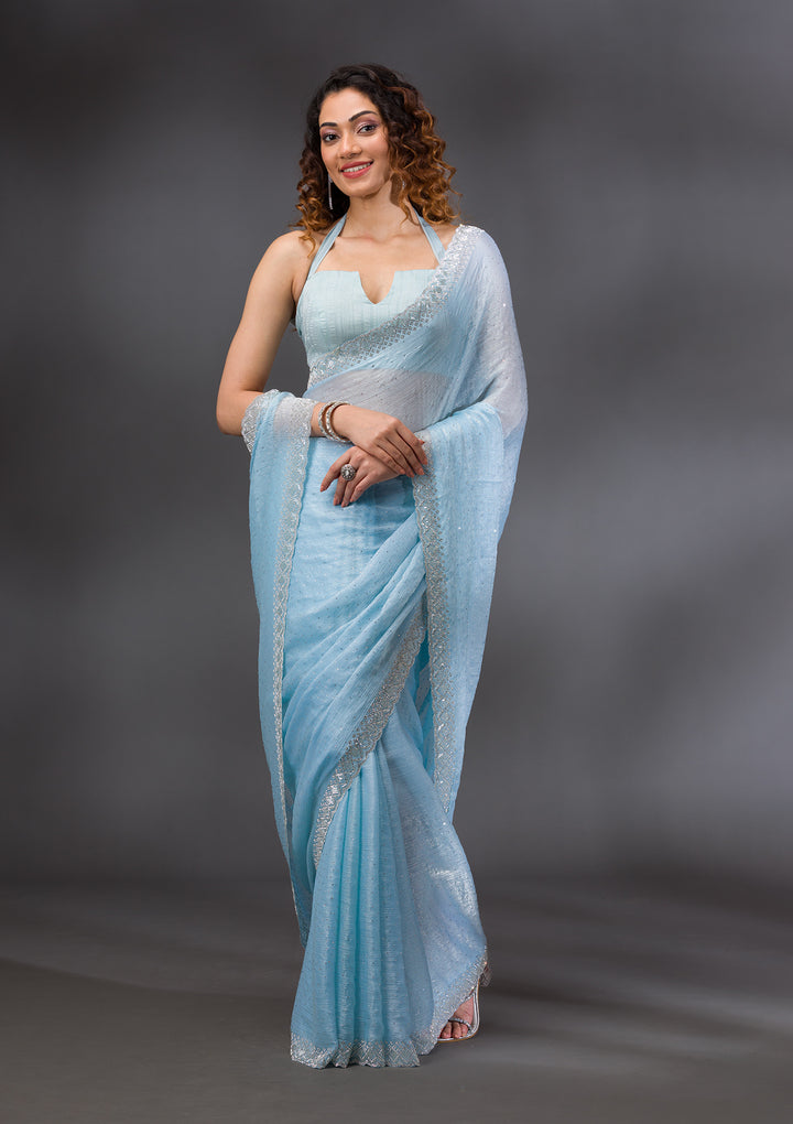 Sky Blue Stonework Chiffon Saree