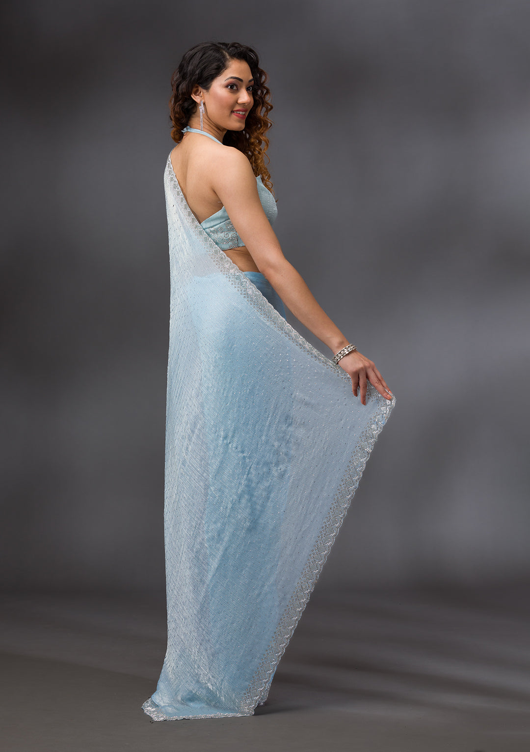 Sky Blue Stonework Chiffon Saree