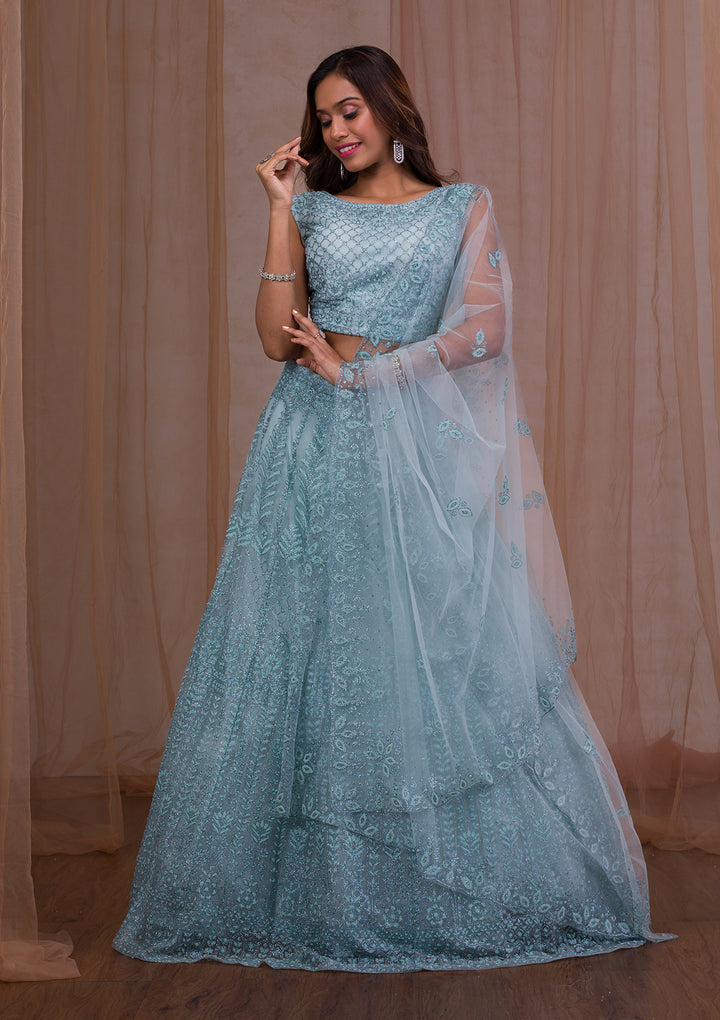 Sky Blue Cudana Net Readymade Lehenga-Koskii
