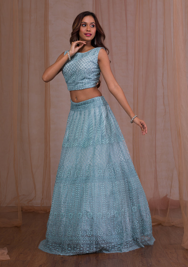 Sky Blue Cudana Net Readymade Lehenga