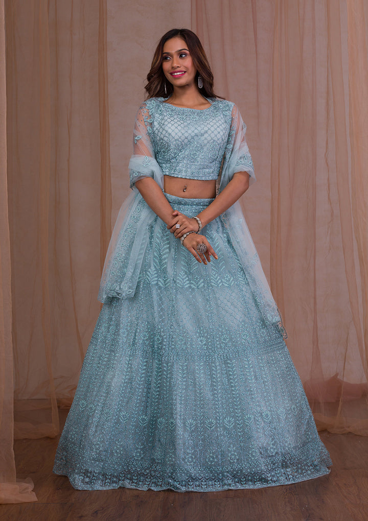 Sky Blue Cudana Net Readymade Lehenga
