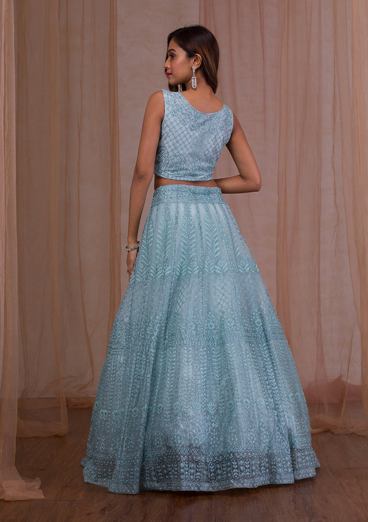 Sky Blue Cudana Net Readymade Lehenga