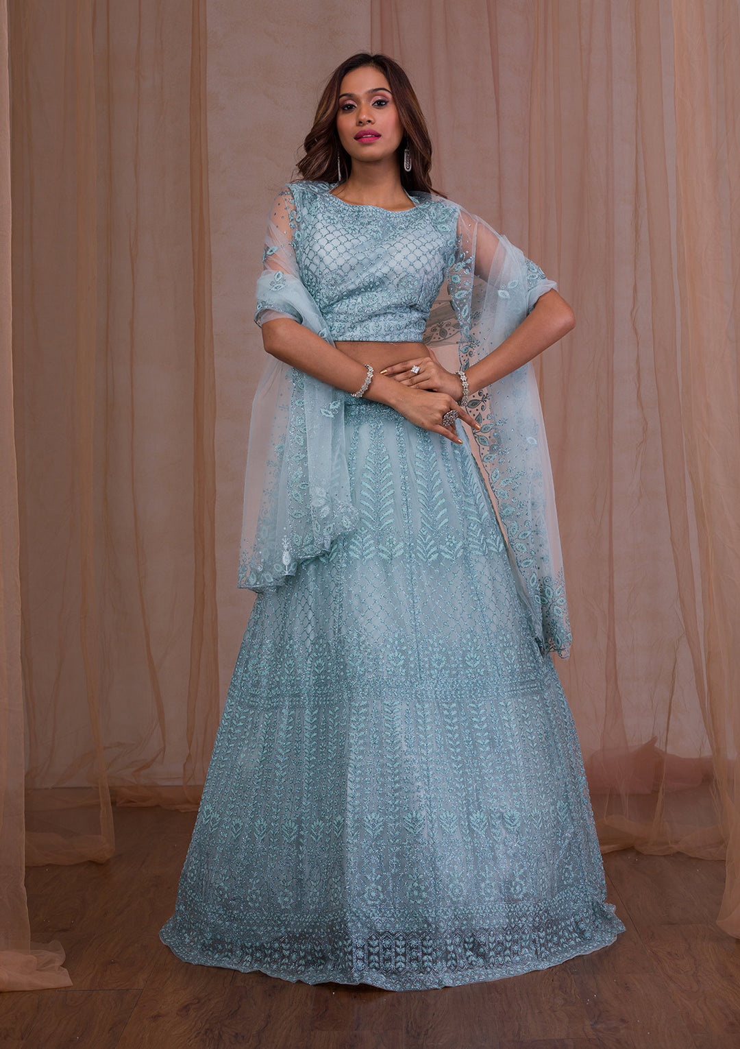 Sky Blue Cudana Net Readymade Lehenga