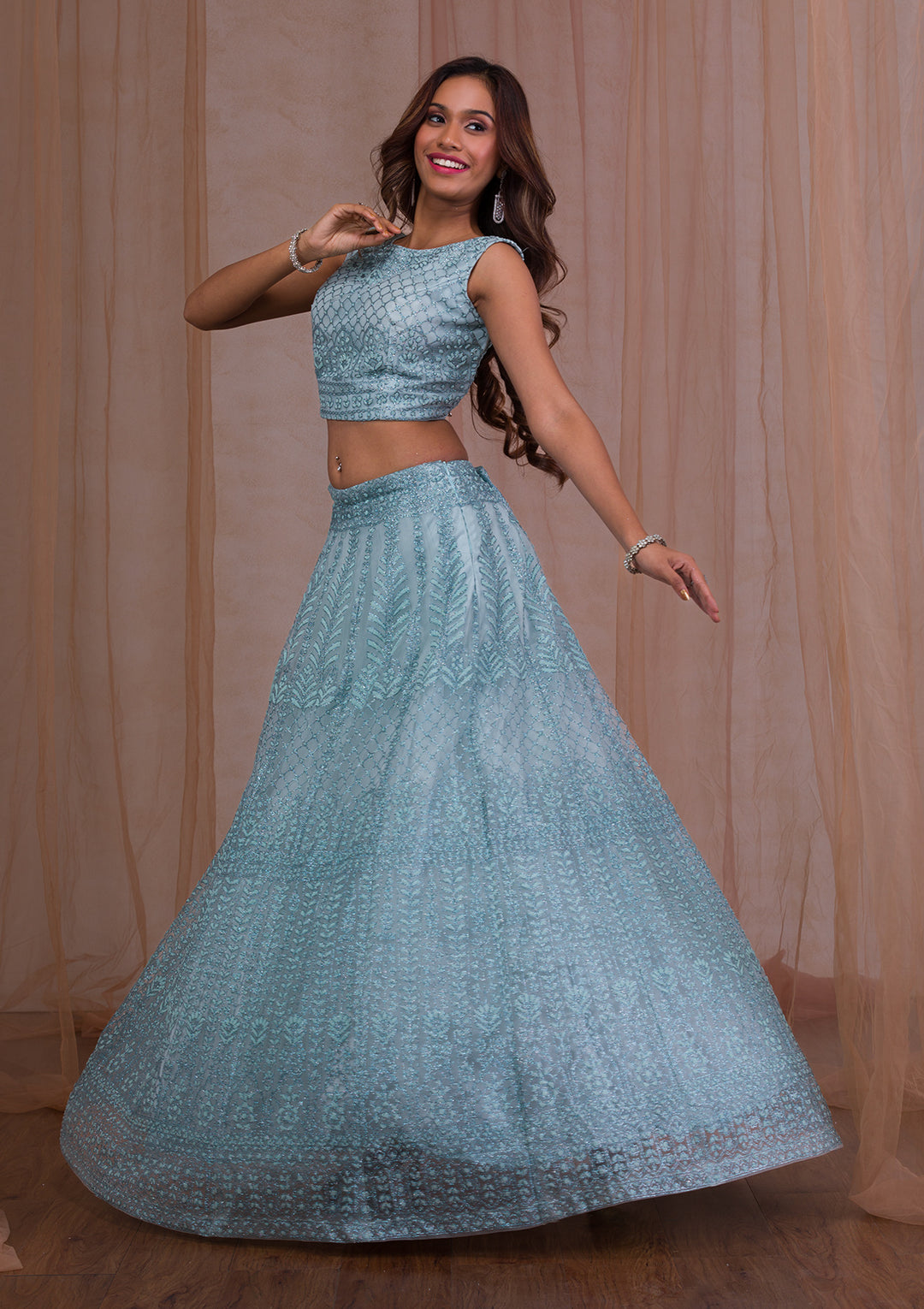 Sky Blue Cudana Net Readymade Lehenga