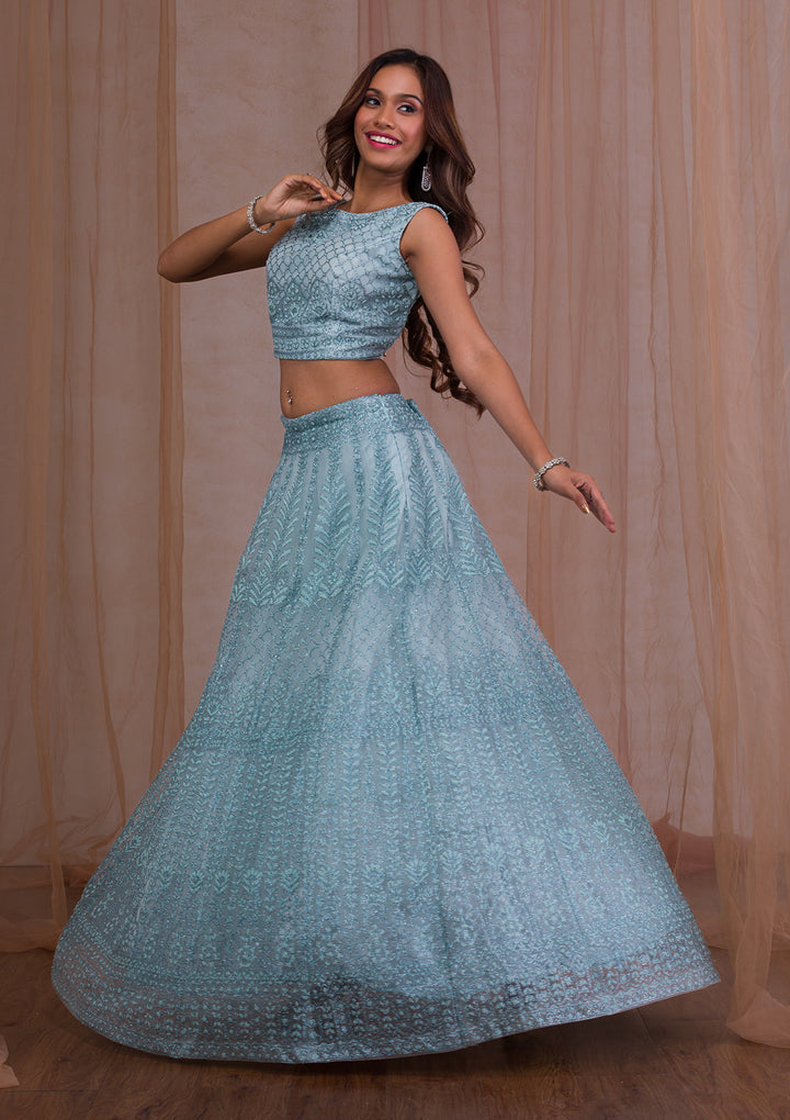 Sky Blue Cudana Net Readymade Lehenga