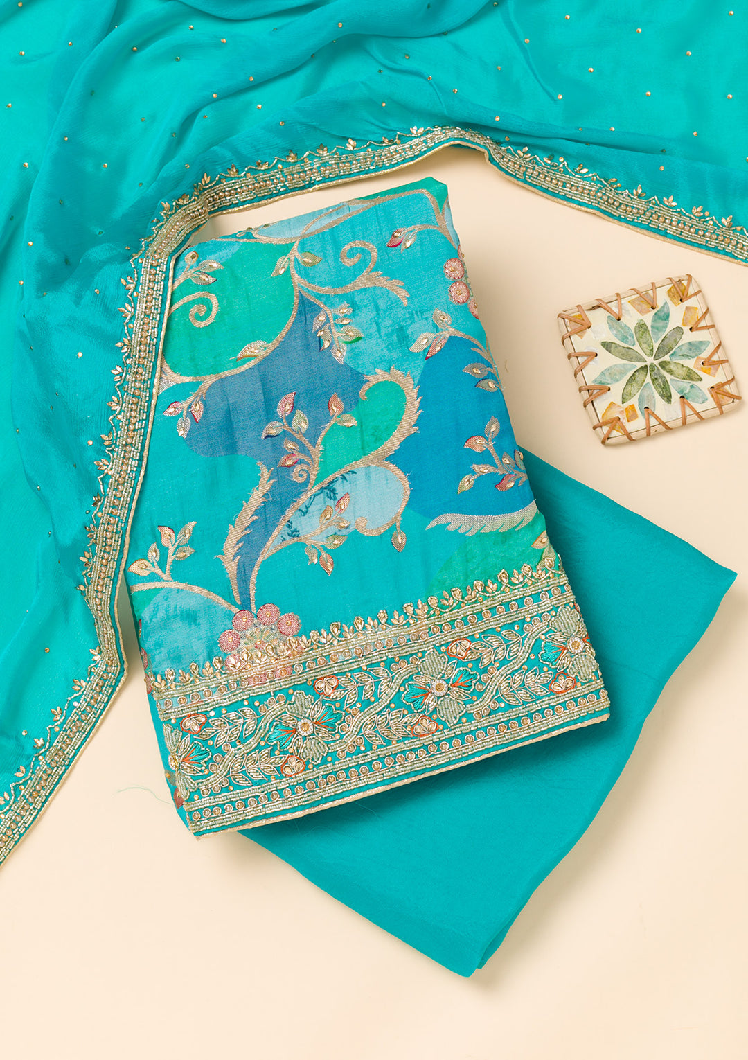 Sky Blue Cutdana Crepe Unstitched Salwar Suit