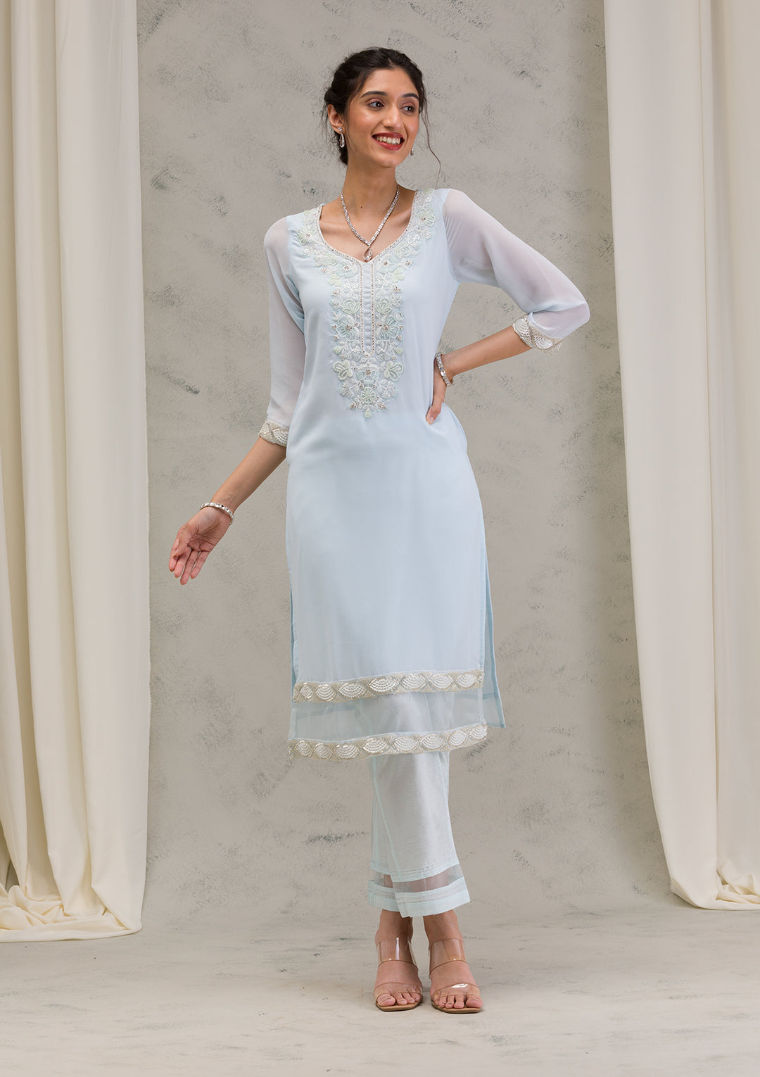 Sky Blue Cutdana Georgette Readymade Salwar Suit