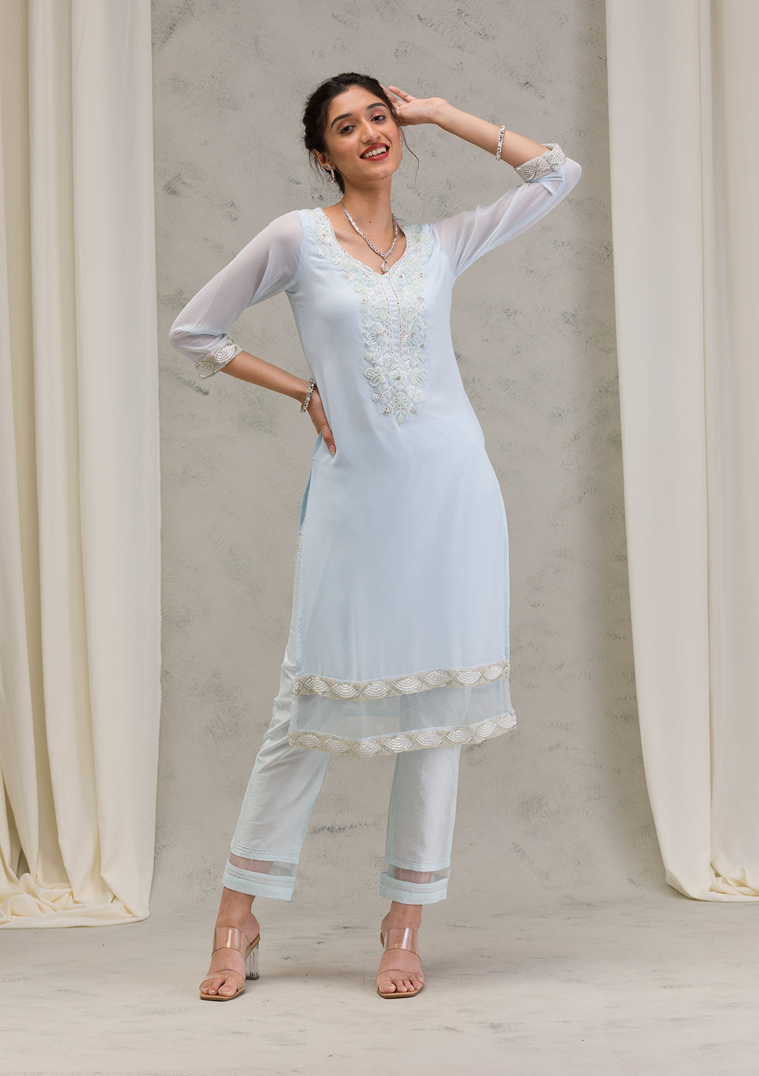 Sky Blue Cutdana Georgette Readymade Salwar Suit