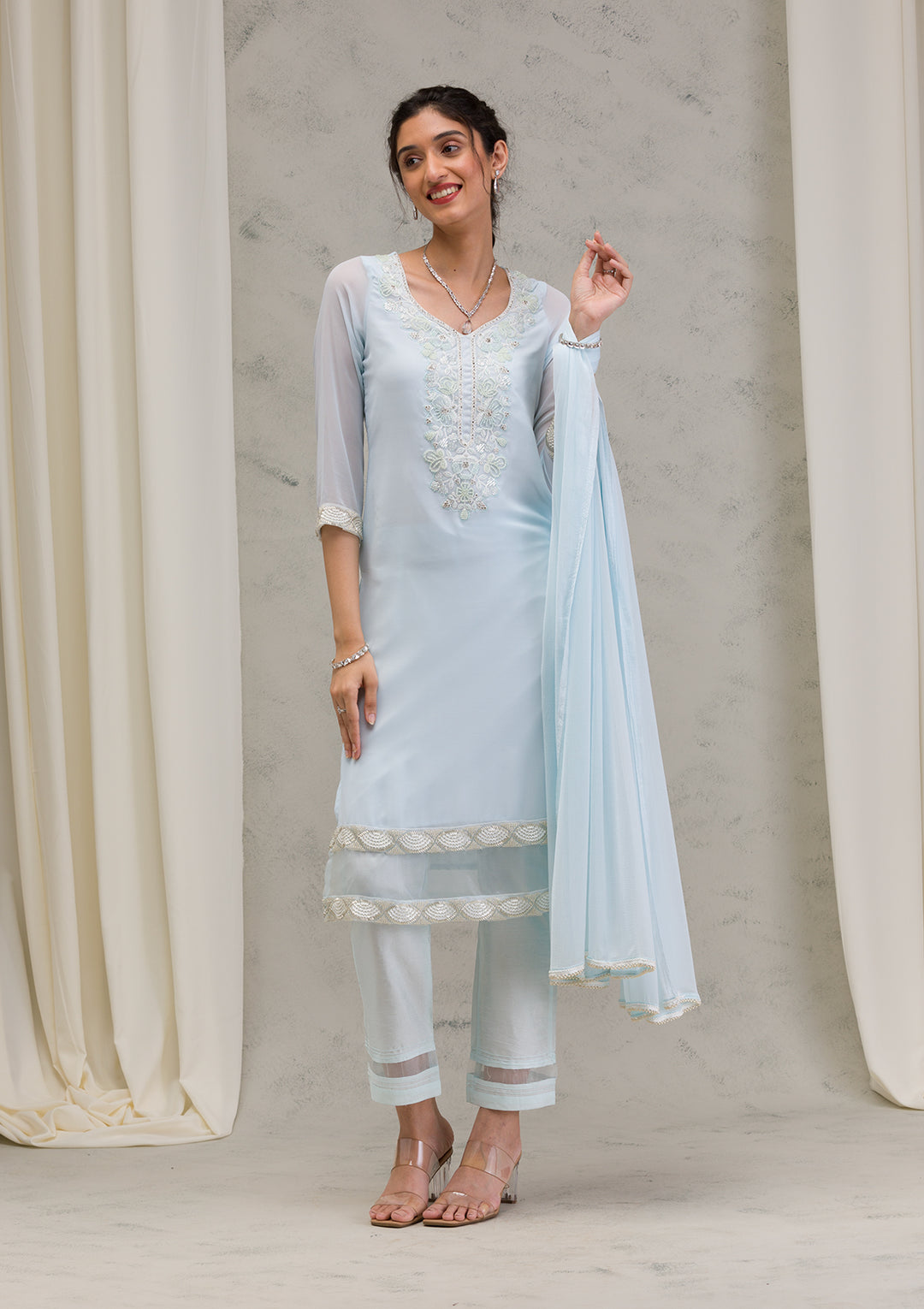 Sky Blue Cutdana Georgette Readymade Salwar Suit