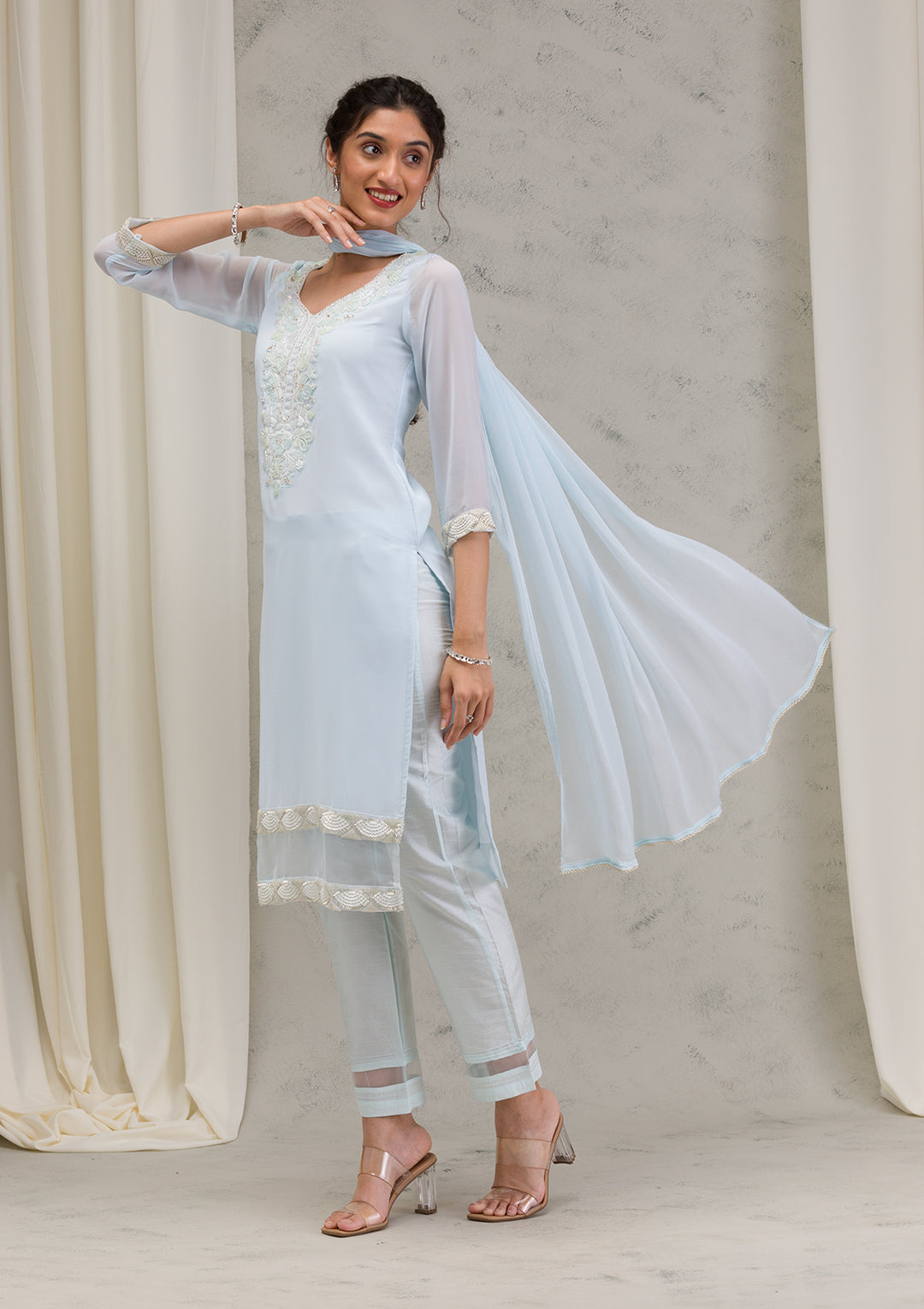 Sky Blue Cutdana Georgette Readymade Salwar Suit