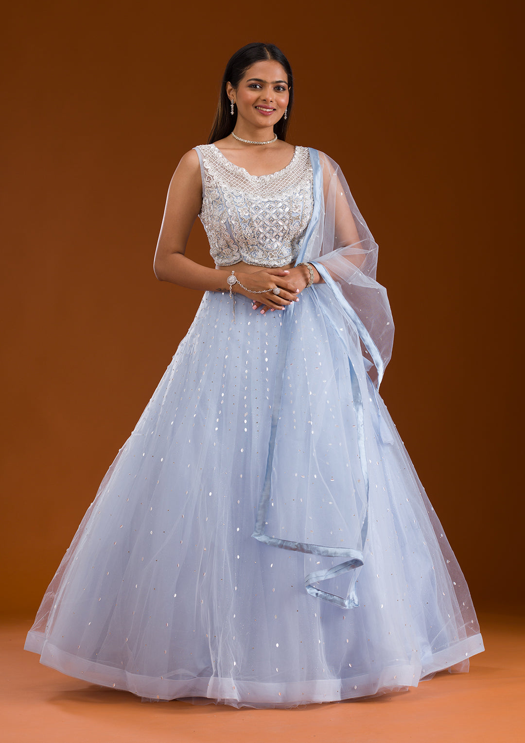 Sky Blue Cutdana Net Readymade Lehenga