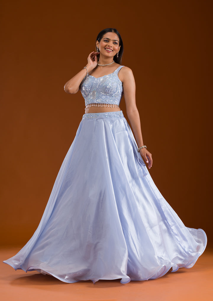 Sky Blue Cutdana Satin Readymade Lehenga