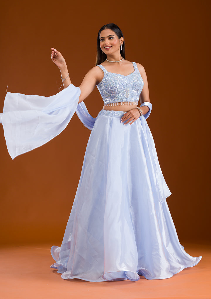 Sky Blue Cutdana Satin Readymade Lehenga