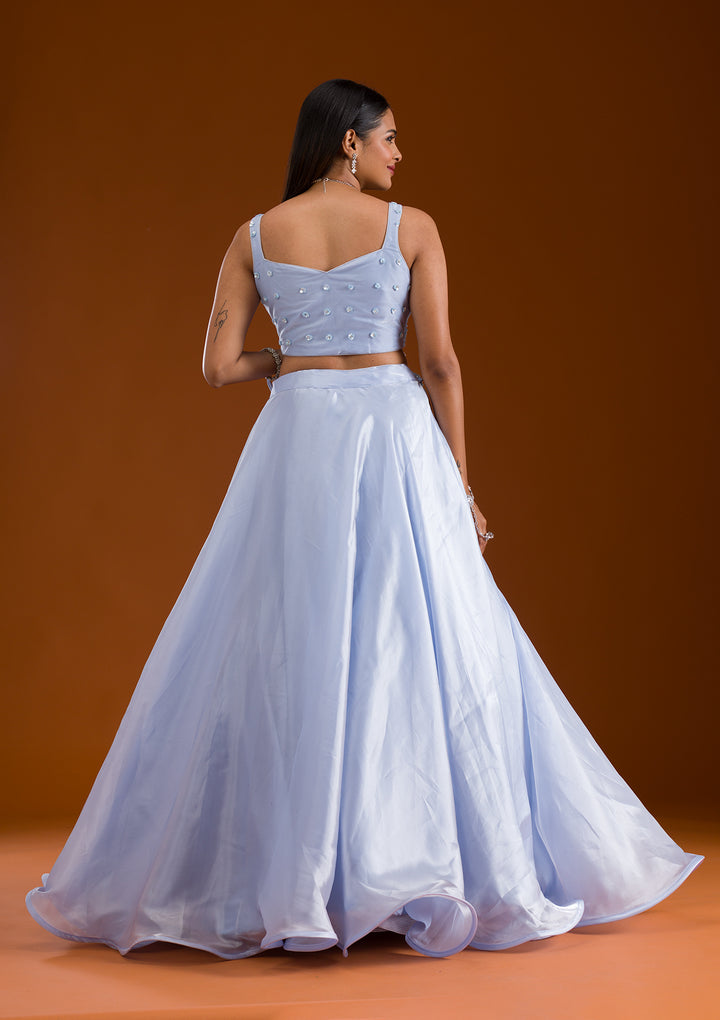 Sky Blue Cutdana Satin Readymade Lehenga