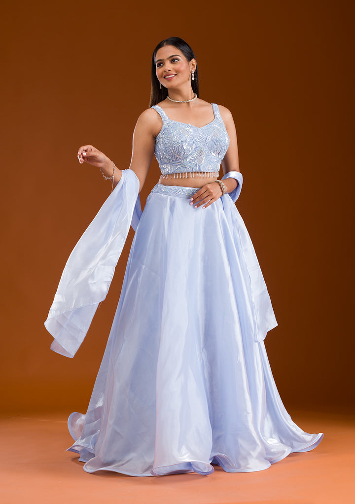 Sky Blue Cutdana Satin Readymade Lehenga