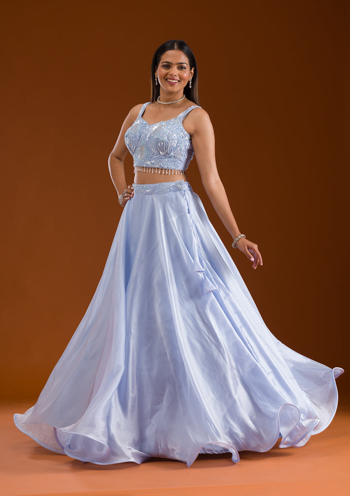 Sky Blue Cutdana Satin Readymade Lehenga