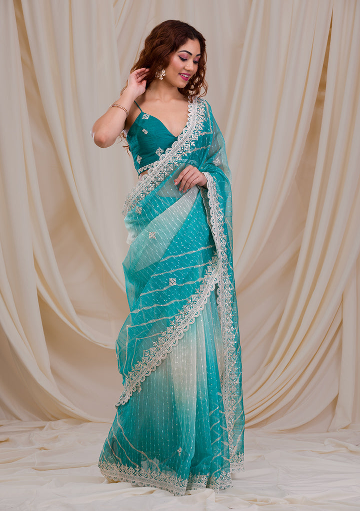 Sky Blue Ombre Net Saree