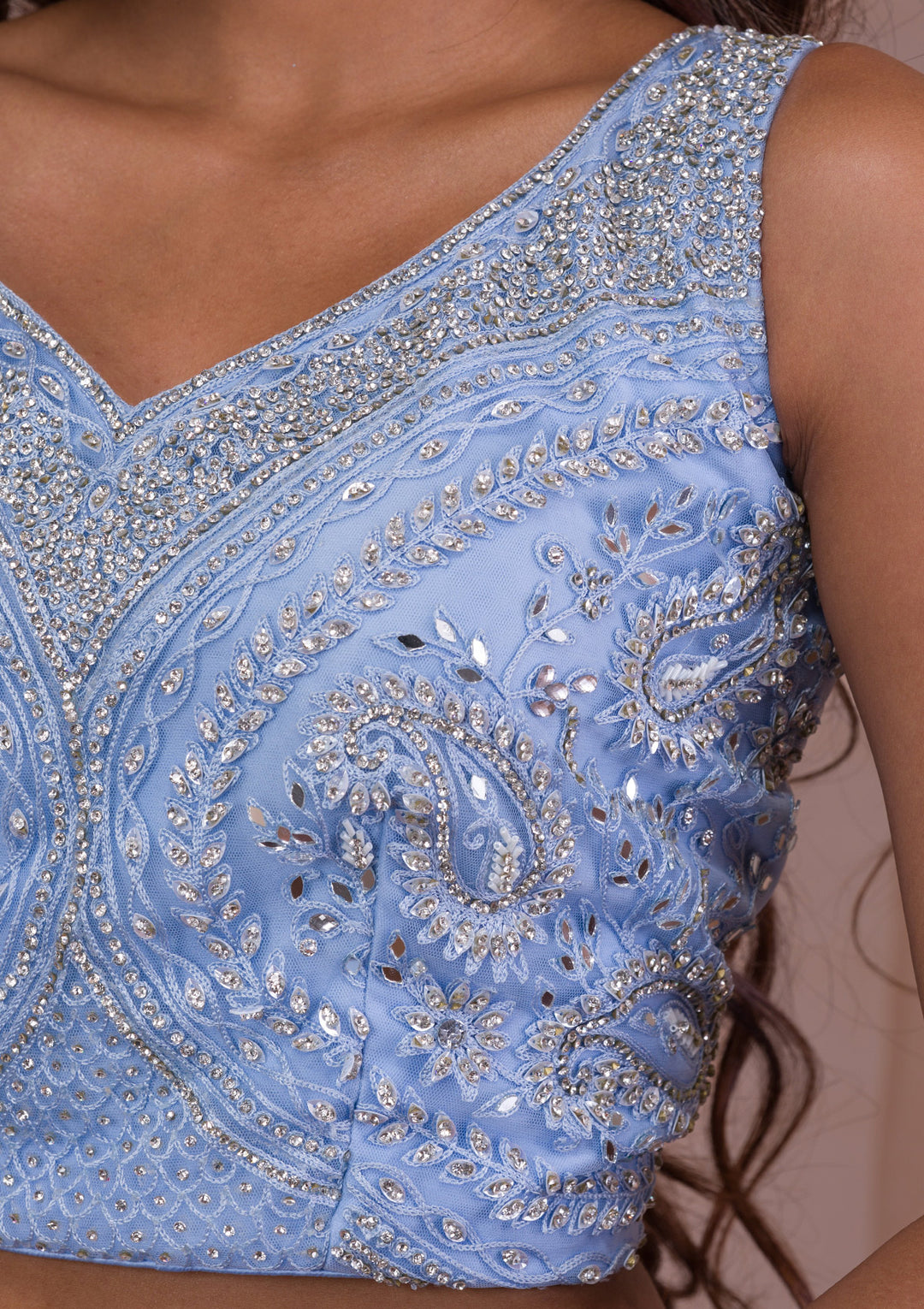Sky Blue Mirrorwork Net Readymade Lehenga