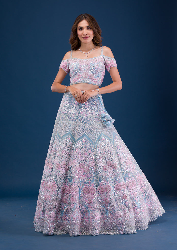 Sky Blue Pearlwork Net Readymade Lehenga