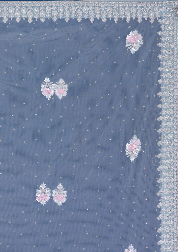 Sky Blue Pearlwork Net Readymade Lehenga