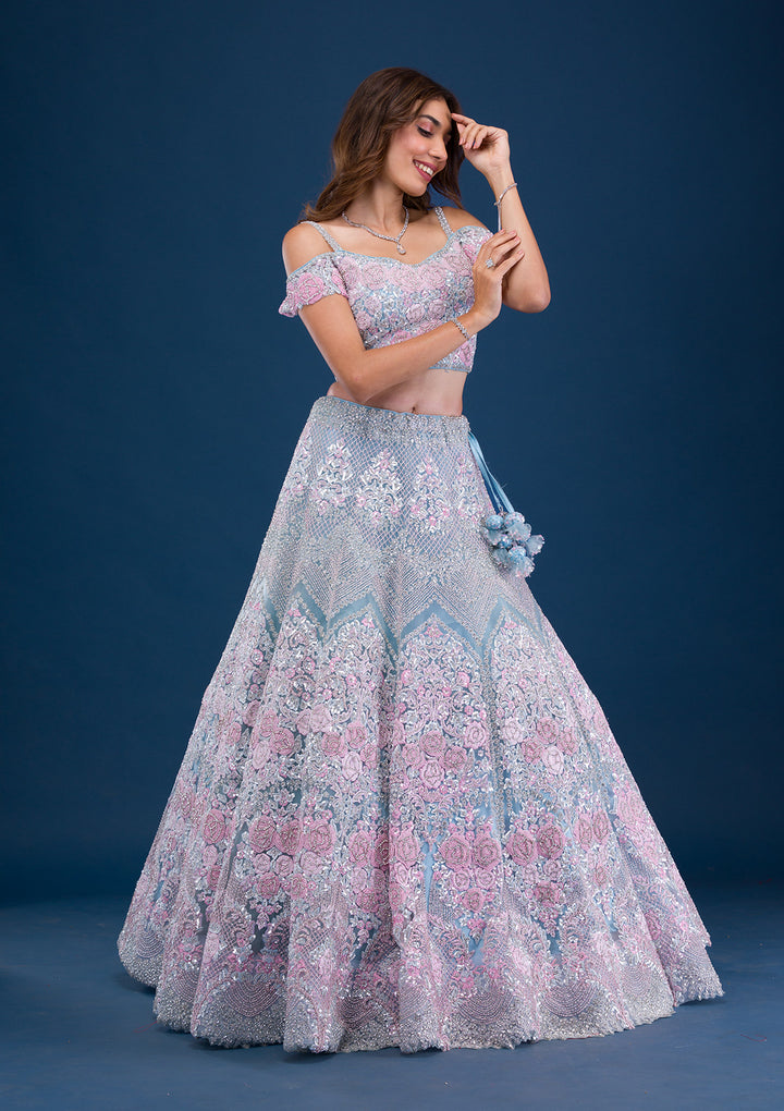 Sky Blue Pearlwork Net Readymade Lehenga