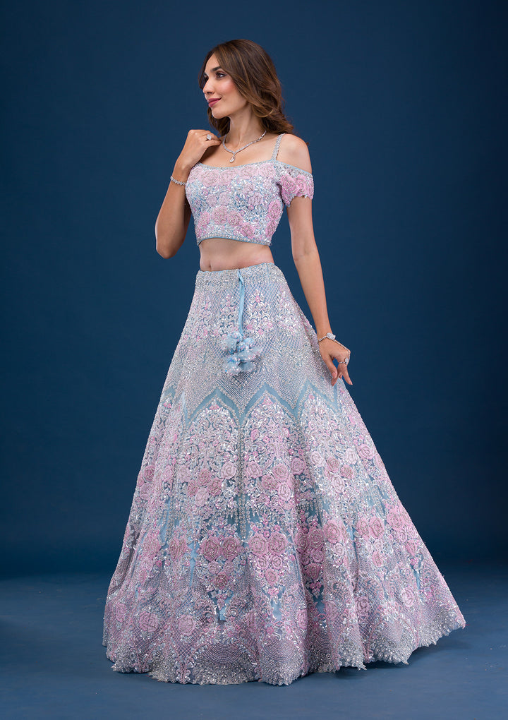 Sky Blue Pearlwork Net Readymade Lehenga