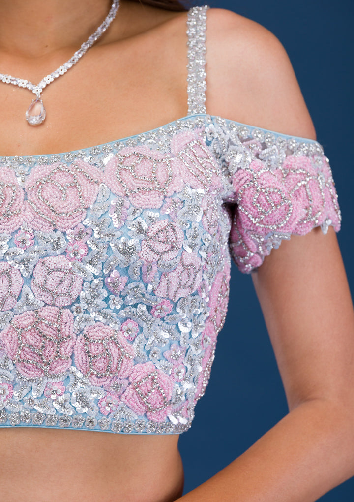 Sky Blue Pearlwork Net Readymade Lehenga