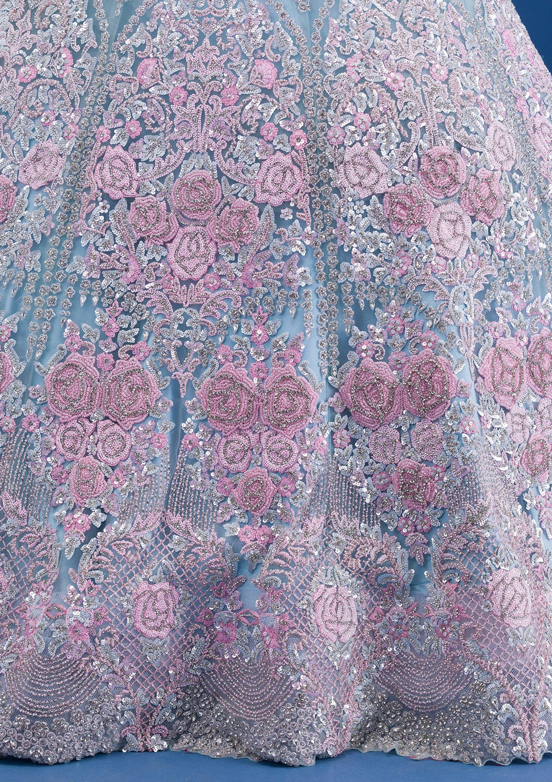 Sky Blue Pearlwork Net Readymade Lehenga