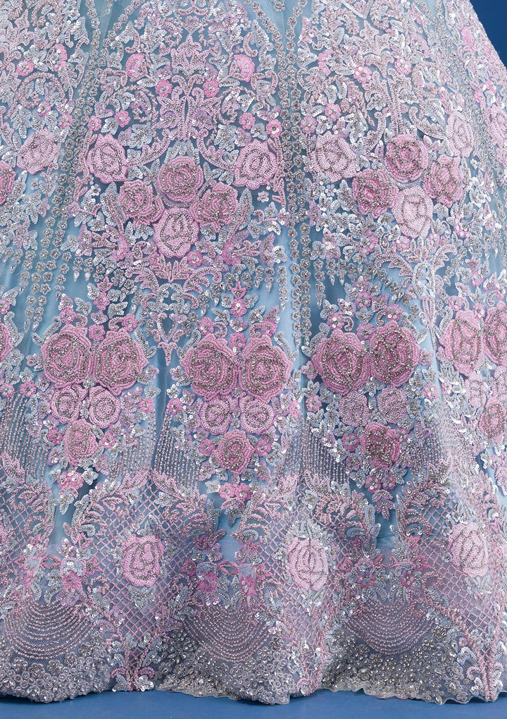 Sky Blue Pearlwork Net Readymade Lehenga