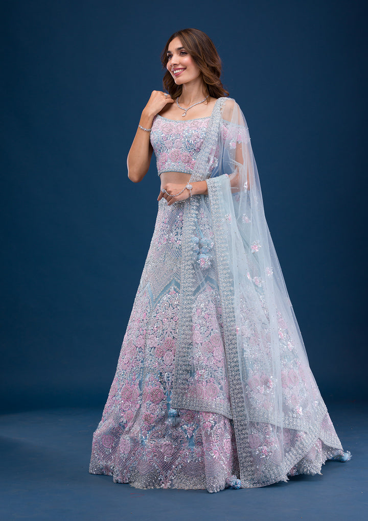 Sky Blue Pearlwork Net Readymade Lehenga