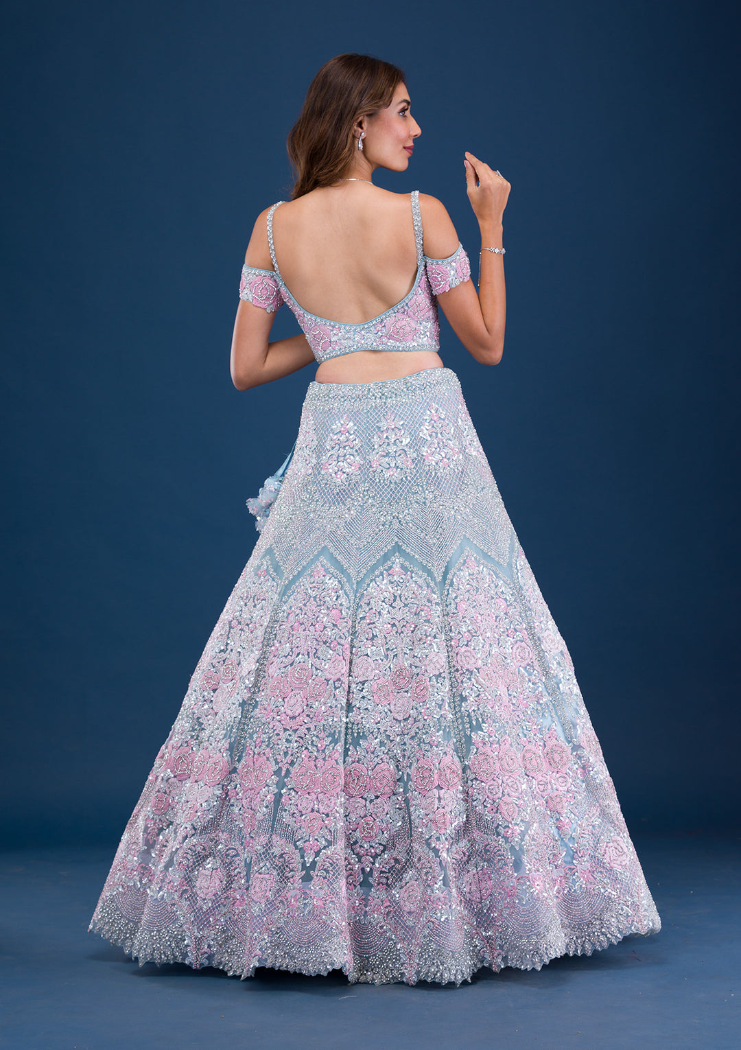 Sky Blue Pearlwork Net Readymade Lehenga