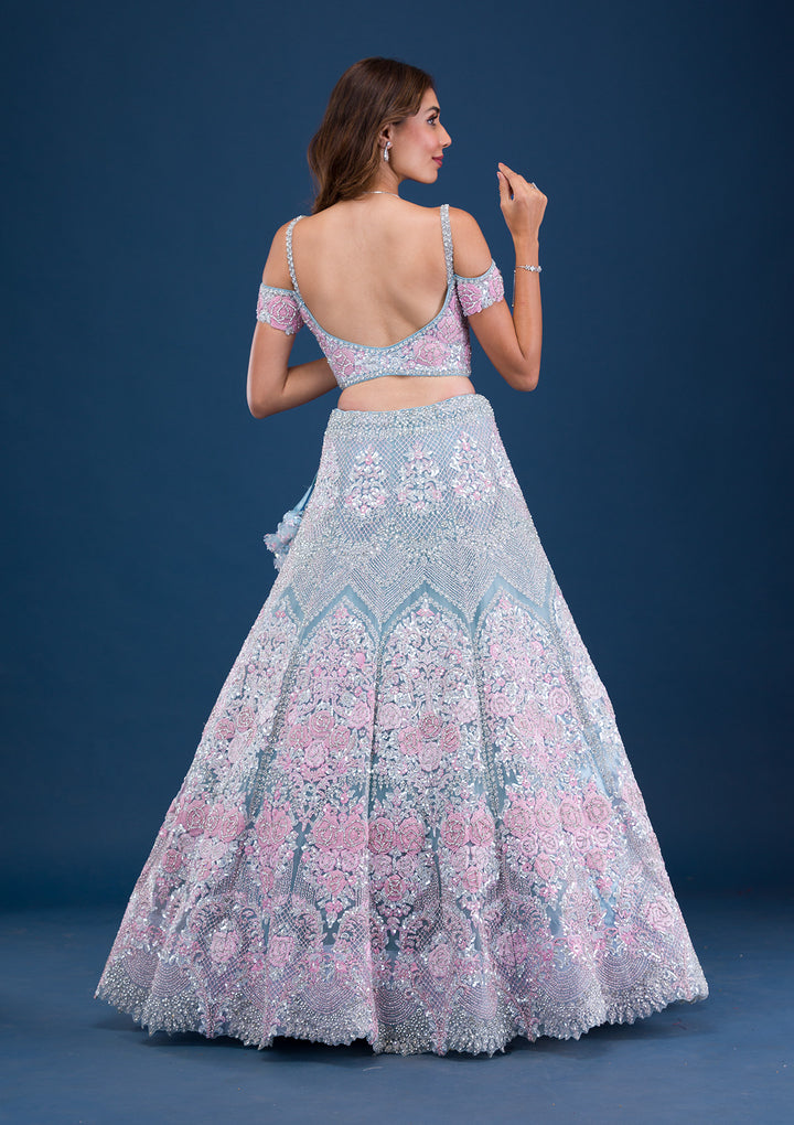Sky Blue Pearlwork Net Readymade Lehenga