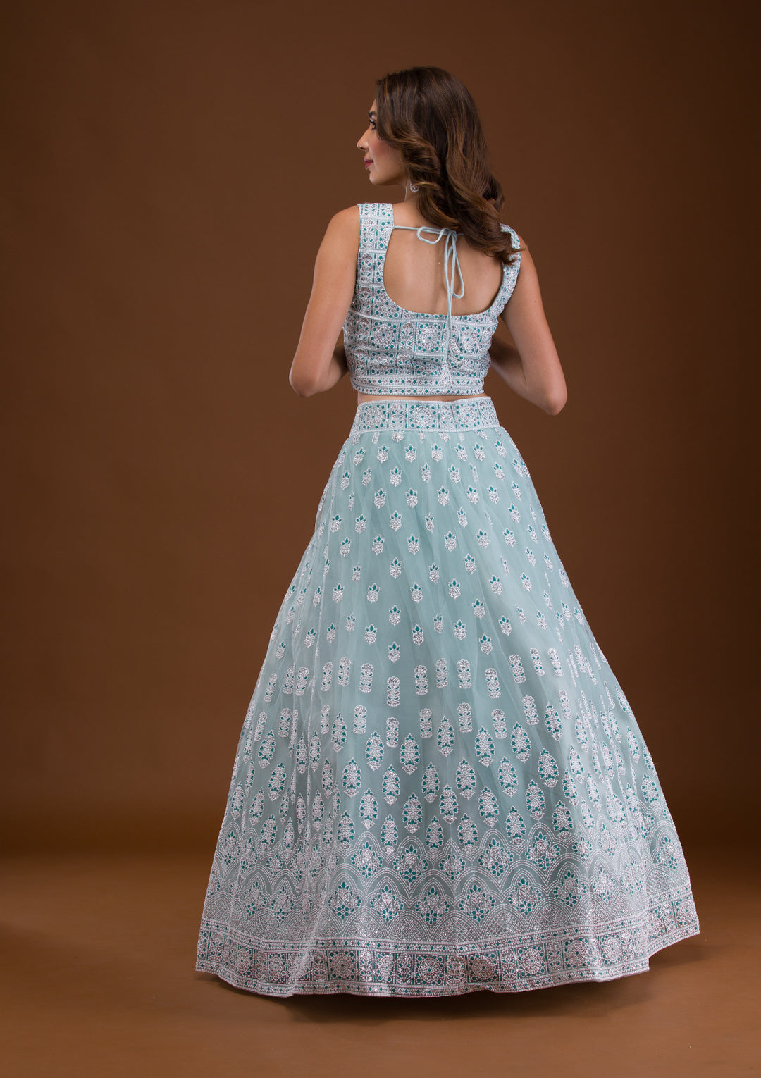 Sky Blue Print Net Readymade Lehenga