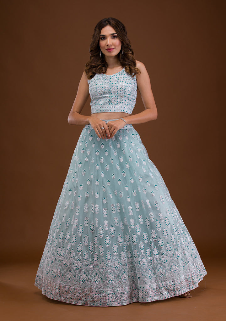 Sky Blue Print Net Readymade Lehenga
