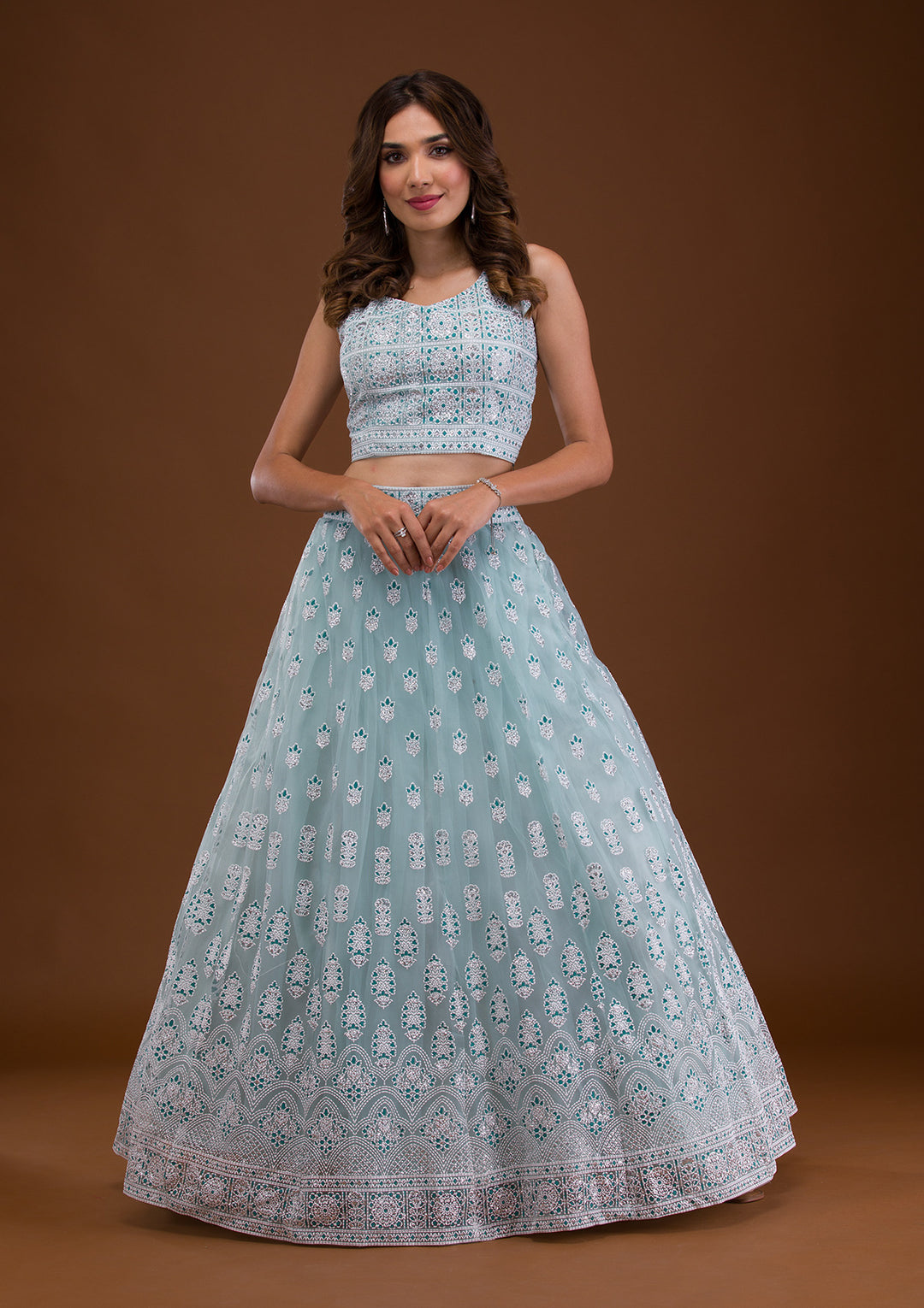 Sky Blue Print Net Readymade Lehenga