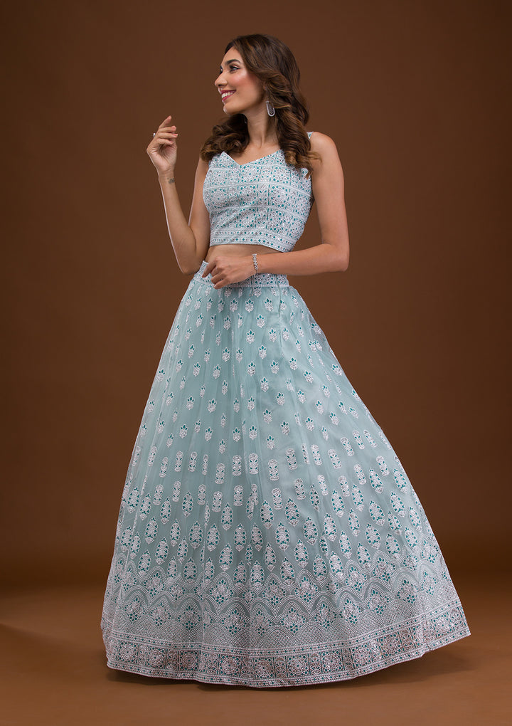Sky Blue Print Net Readymade Lehenga