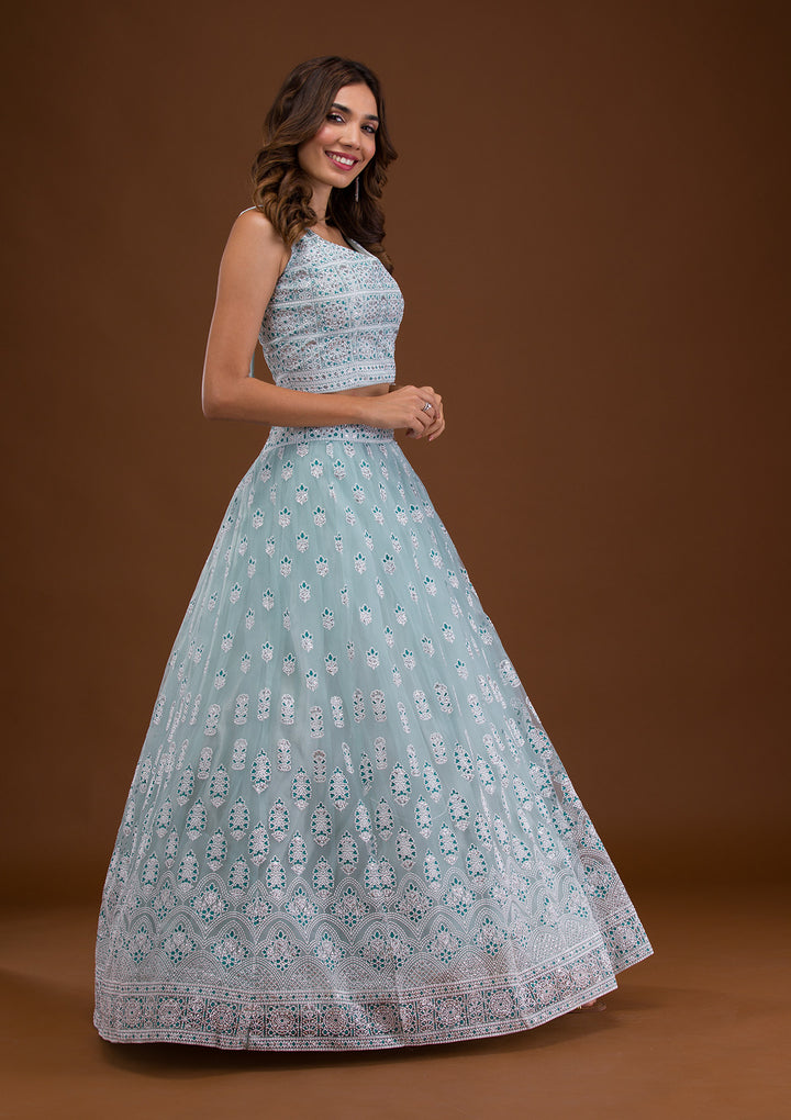 Sky Blue Print Net Readymade Lehenga