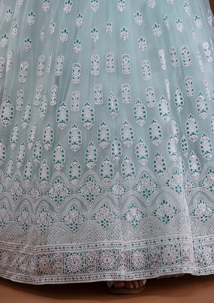 Sky Blue Print Net Readymade Lehenga